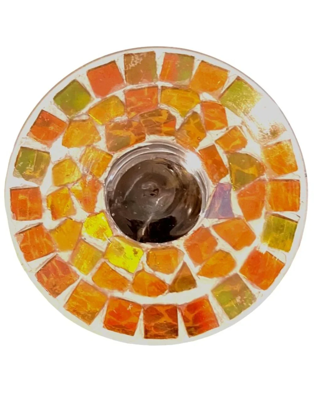 Amber Iridescent Mosaic Glass Pedestal Bowl Tiles Candy Nuts Candle Home Accent